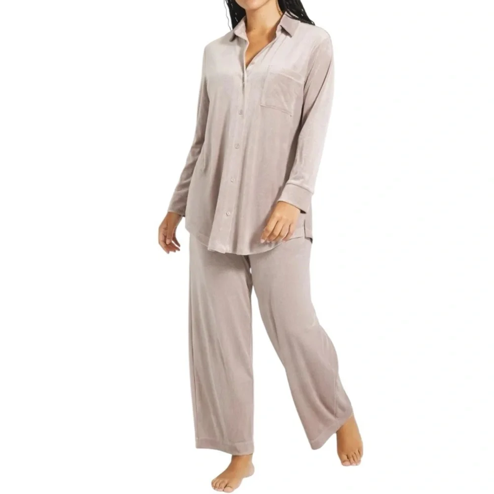 Soma Velvety Rib Pajama Lounge Set M Beige Soft Knit Notch Collar Top Pants